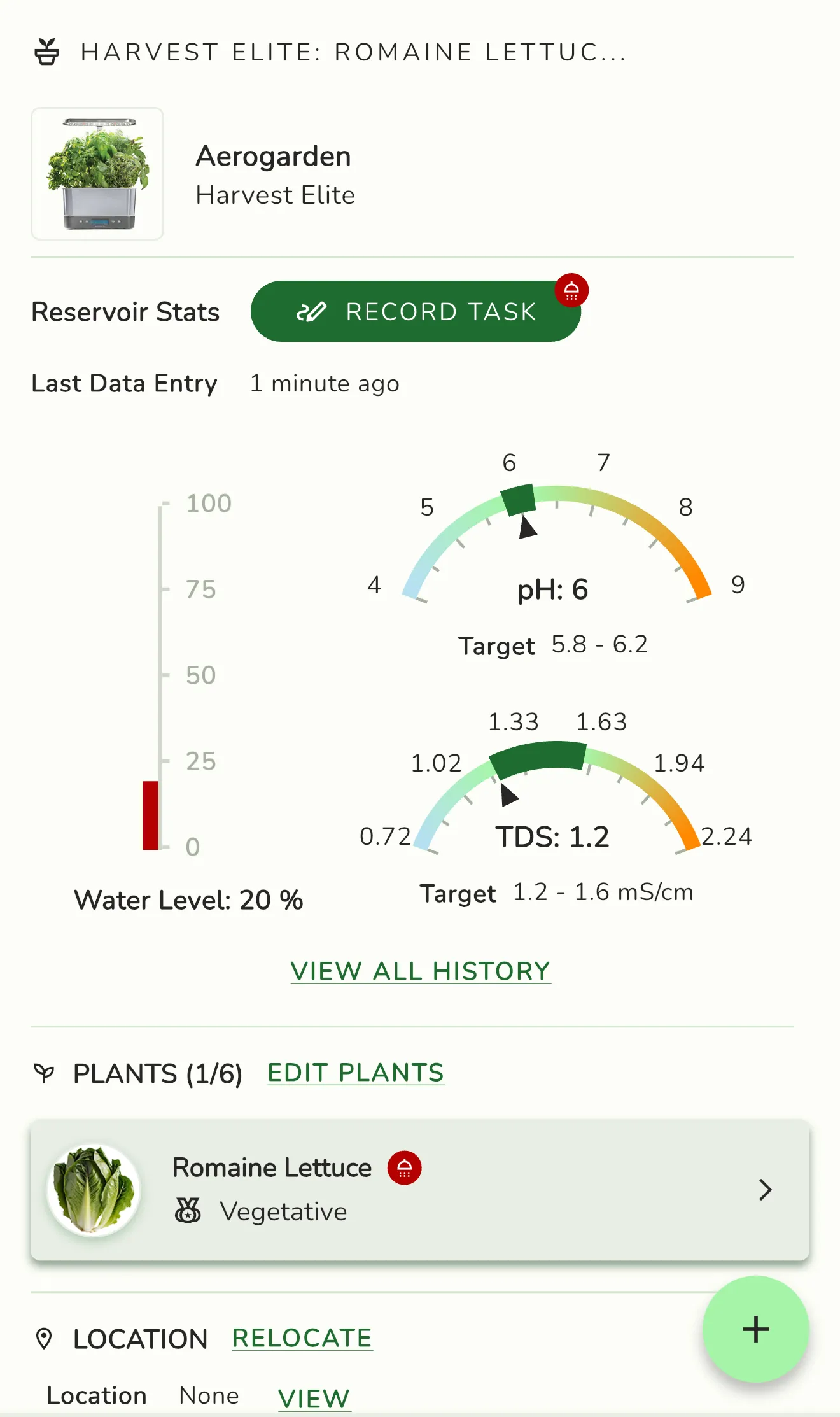 Ponics app garden profile showing pH, TDS, and water level gauges for at-a-glance tracking